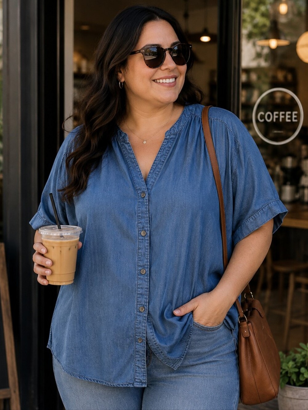 Zac & Rachel Oversized V Neck Short Sleeve Faux Denim Blouse. In EUC